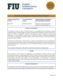 Firearms and Dangerous Weapons Policy # 1710.135