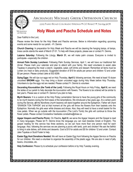 Holy Week and Pascha Schedule and Notes