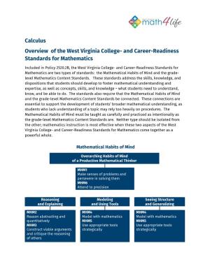 Calculus Overview of the West Virginia College- and Career-Readiness Standards for Mathematics