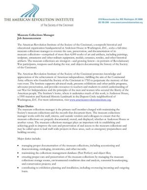 Museum Collections Manager Job Announcement the American