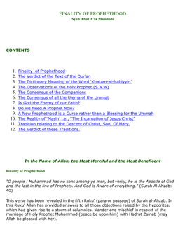 FINALITY of PROPHETHOOD Syed Abul A’La Maududi