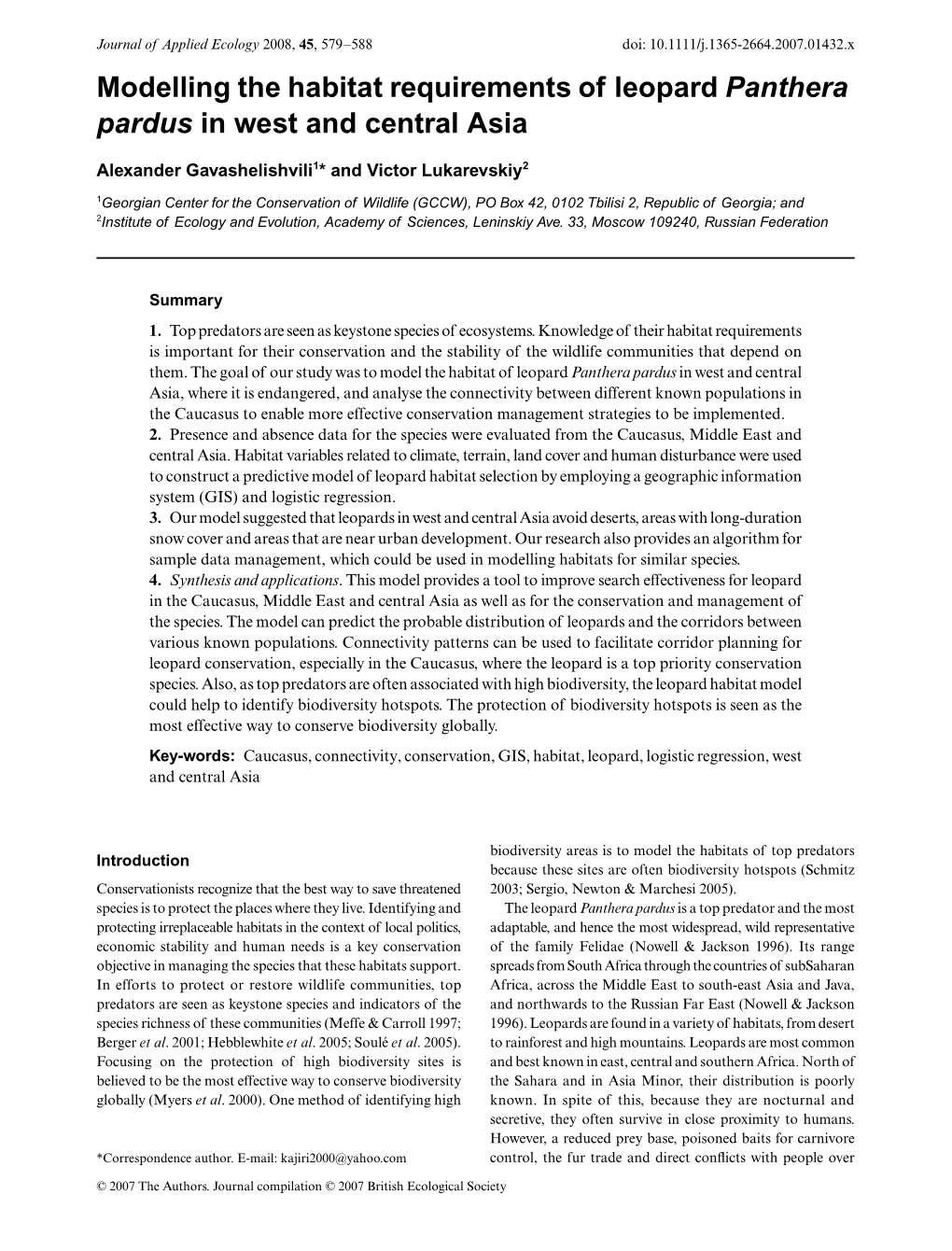 Modelling the Habitat Requirements of Leopard Panthera Pardus in West