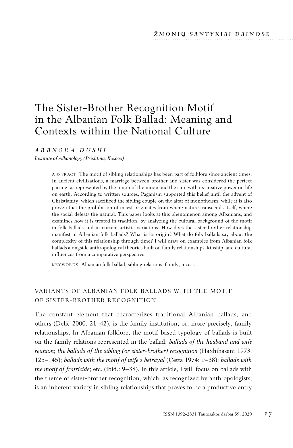 The Sister-Brother Recognition Motif in the Albanian Folk Ballad: Meaning and Contexts Within the National Culture