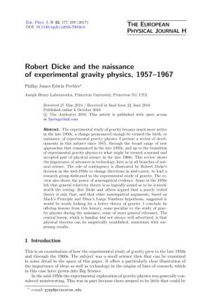 Robert Dicke and the Naissance of Experimental Gravity Physics