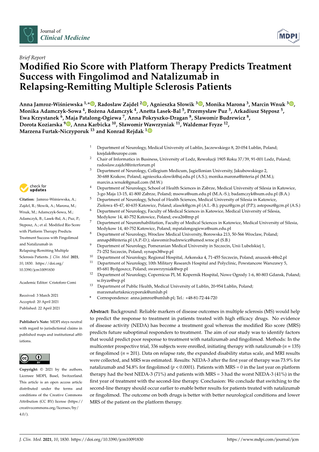 Modified Rio Score with Platform Therapy Predicts Treatment Success with Fingolimod and Natalizumab in Relapsing-Remitting Multi