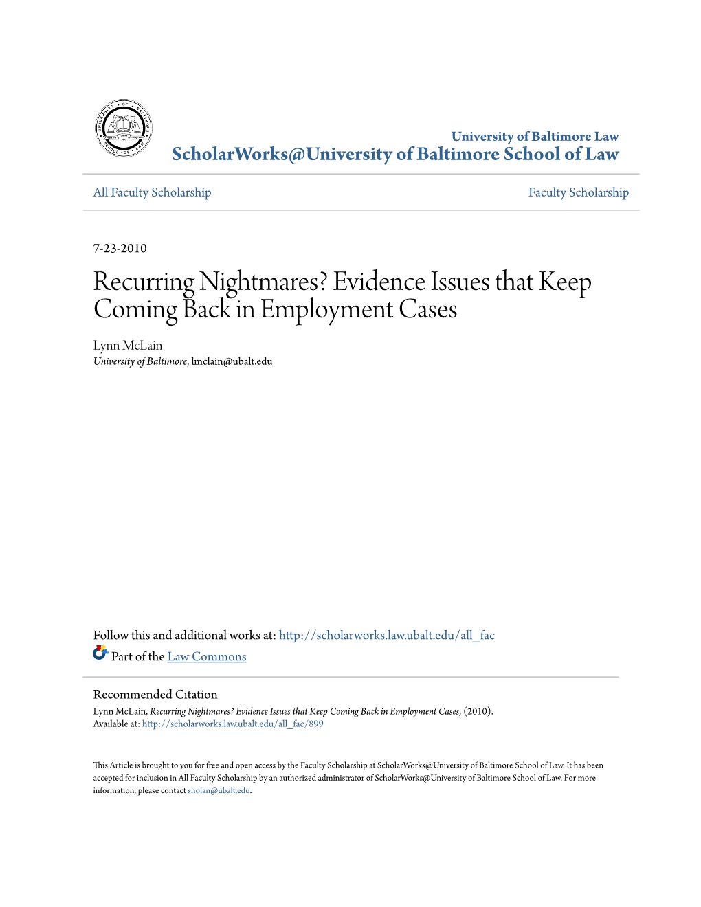 Recurring Nightmares? Evidence Issues That Keep Coming Back in Employment Cases Lynn Mclain University of Baltimore, Lmclain@Ubalt.Edu