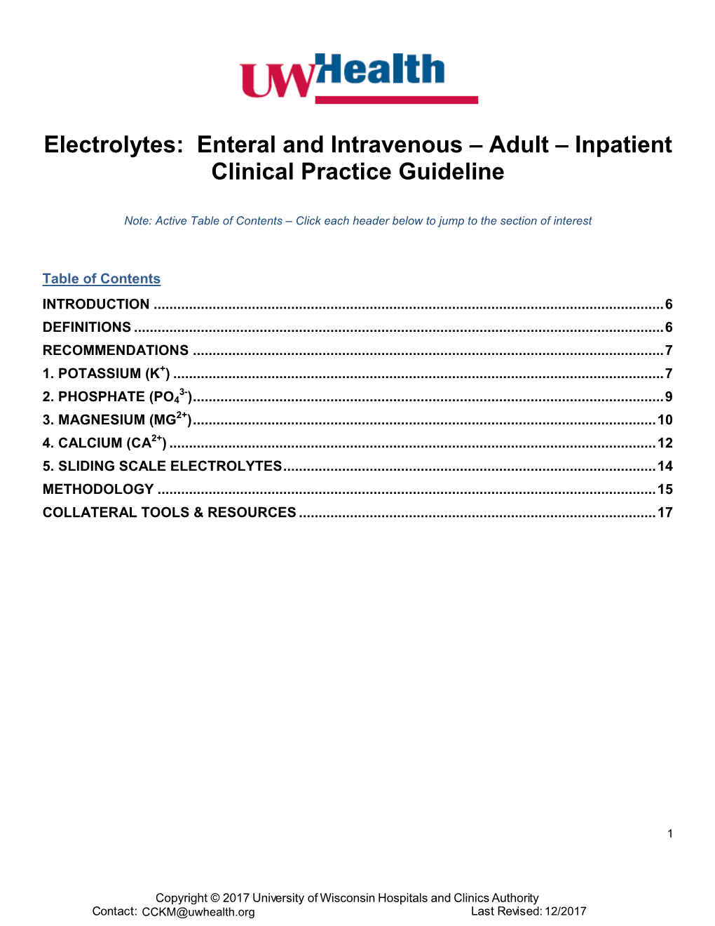 Electrolytes: Enteral and Intravenous – Adult – Inpatient Clinical Practice Guideline