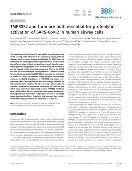 TMPRSS2 and Furin Are Both Essential for Proteolytic Activation of SARS-Cov-2 in Human Airway Cells