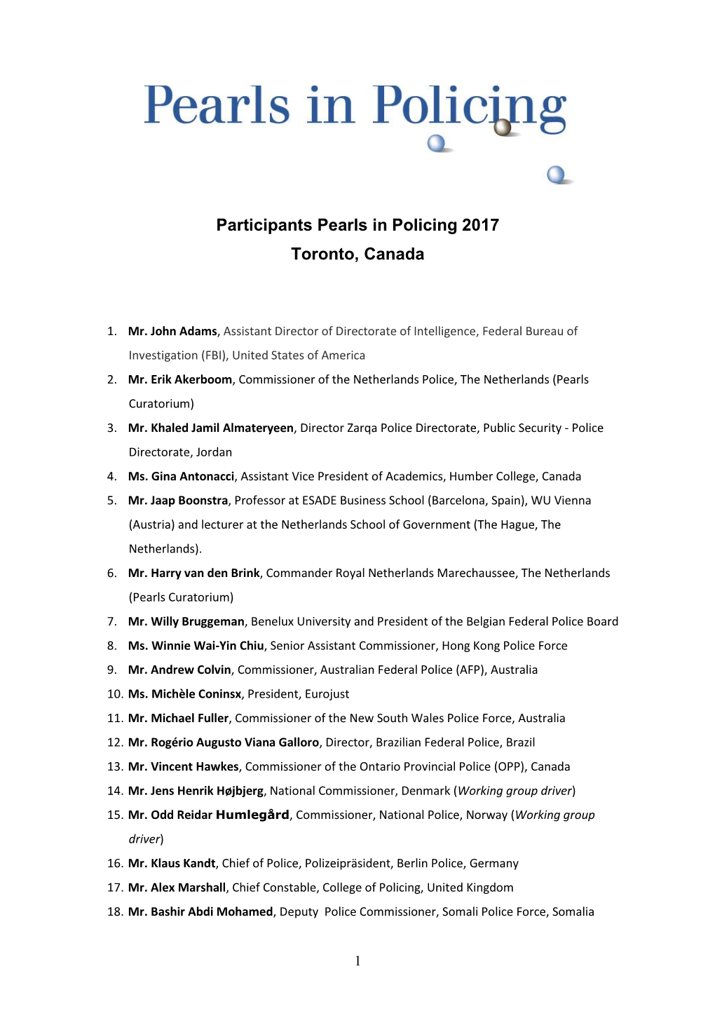 Participants Pearls in Policing 2017 Toronto, Canada