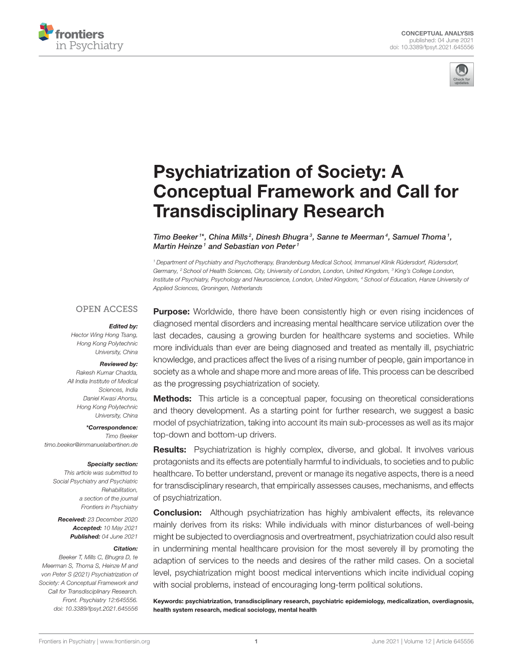 Psychiatrization of Society: a Conceptual Framework and Call for Transdisciplinary Research