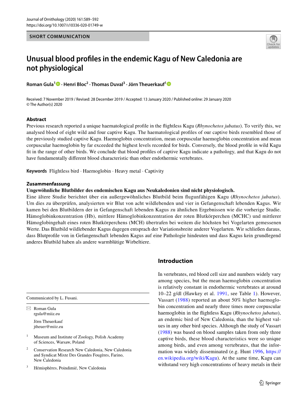 Unusual Blood Profiles in the Endemic Kagu of New Caledonia Are Not Physiological