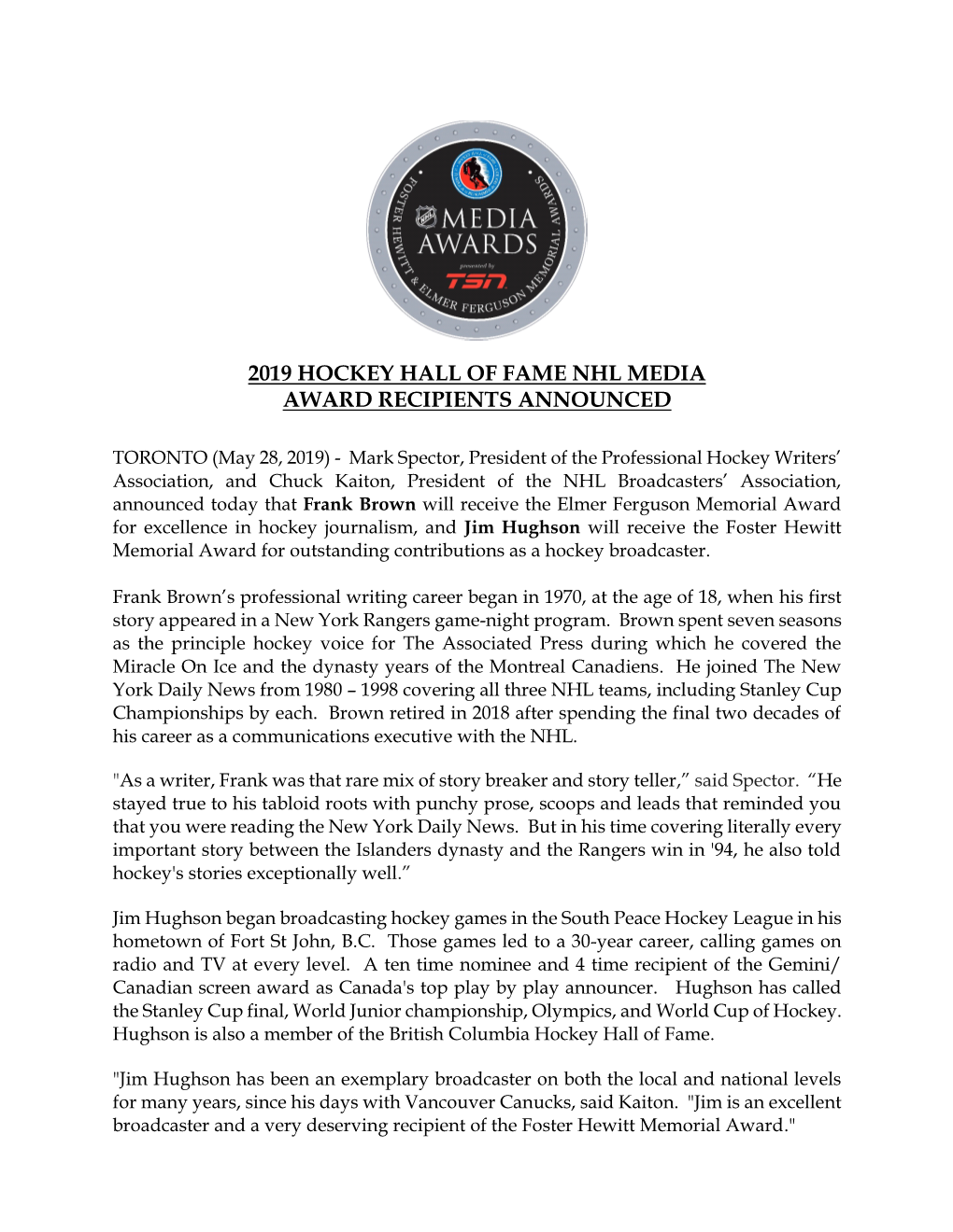 2019 Hockey Hall of Fame Nhl Media Award Recipients Announced