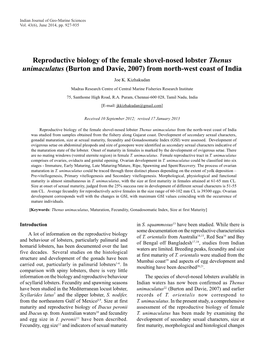 Reproductive Biology of the Female Shovel-Nosed Lobster Thenus Unimaculatus (Burton and Davie, 2007) from North-West Coast of India