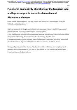 Functional Connectivity Alterations of the Temporal Lobe and Hippocampus in Semantic Dementia and Alzheimer's Disease