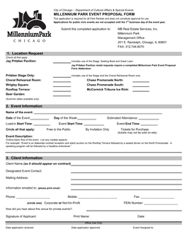 MILLENNIUM PARK EVENT PROPOSAL FORM This Application Is Required for All Park Rentals and Does Not Constitute Approval for Use