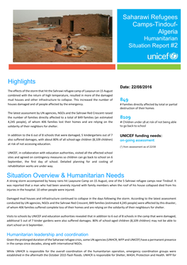 Saharawi Refugees Camps-Tindouf- Algeria Humanitarian Situation Report #2