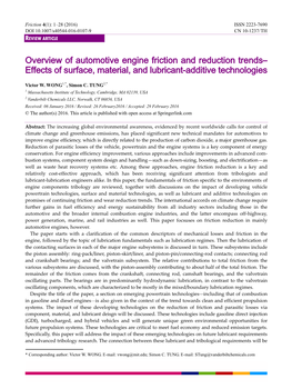 Overview of Automotive Engine Friction and Reduction Trends– Effects of Surface, Material, and Lubricant-Additive Technologies