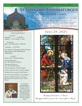 June 20, 2021 MASS SCHEDULE  Summer Saturday