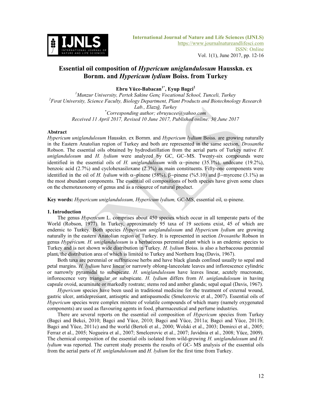 Essential Oil Composition of Hypericum Uniglandulosum Hausskn