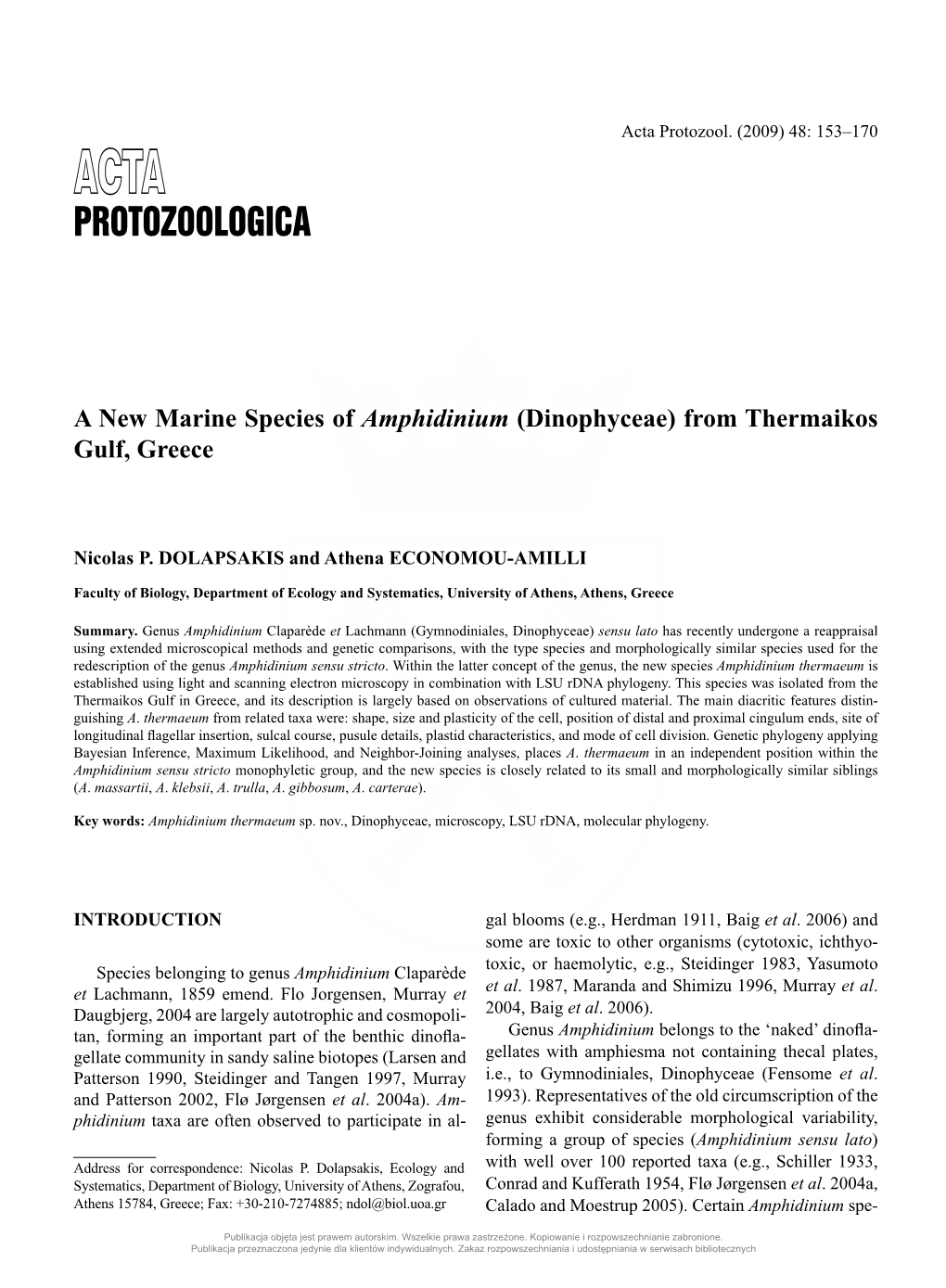 A New Marine Species of Amphidinium (Dinophyceae) from Thermaikos Gulf, Greece