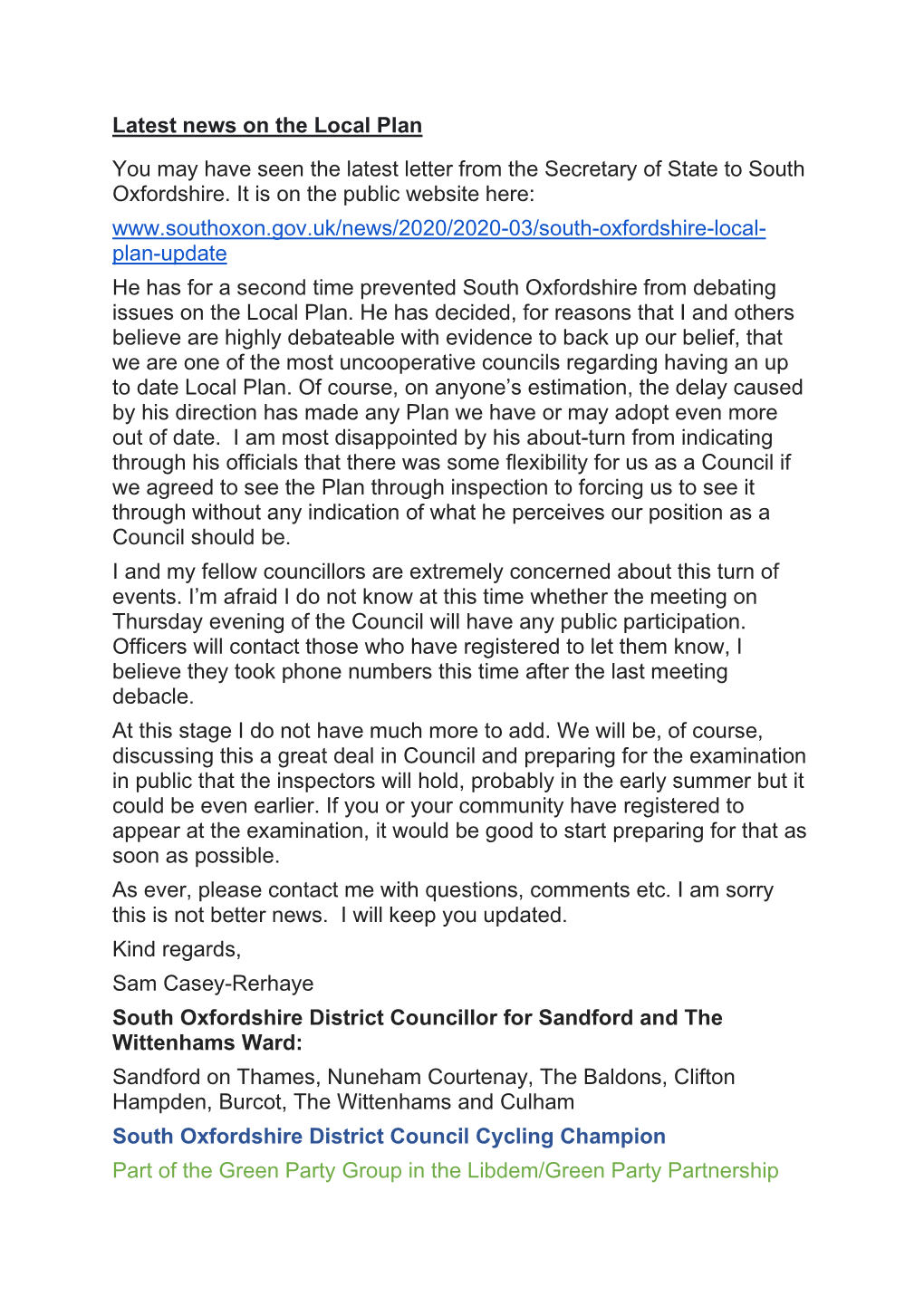 Latest News on the Local Plan You May Have Seen the Latest Letter From