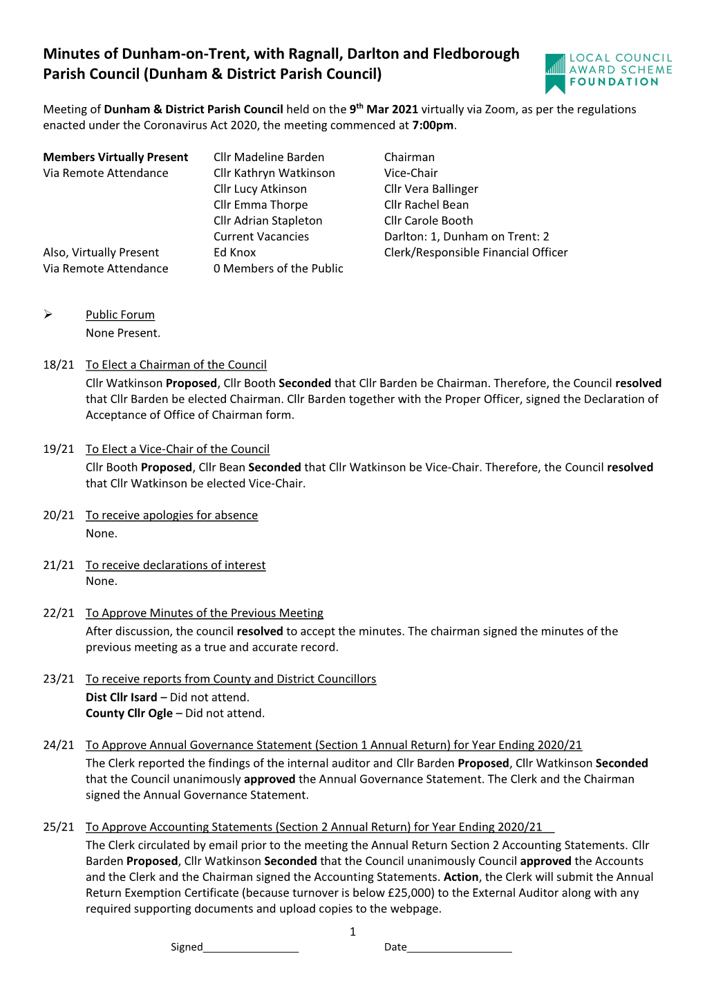 Minutes of Dunham-On-Trent, with Ragnall, Darlton and Fledborough Parish Council (Dunham & District Parish Council)