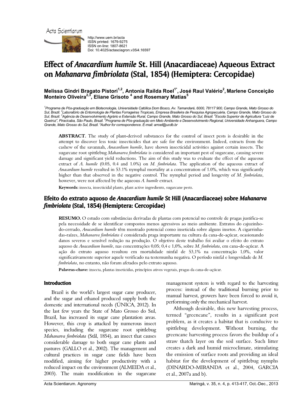 Effect of Anacardium Humile St. Hill (Anacardiaceae) Aqueous Extract on Mahanarva Fimbriolata (Stal, 1854) (Hemiptera: Cercopidae)