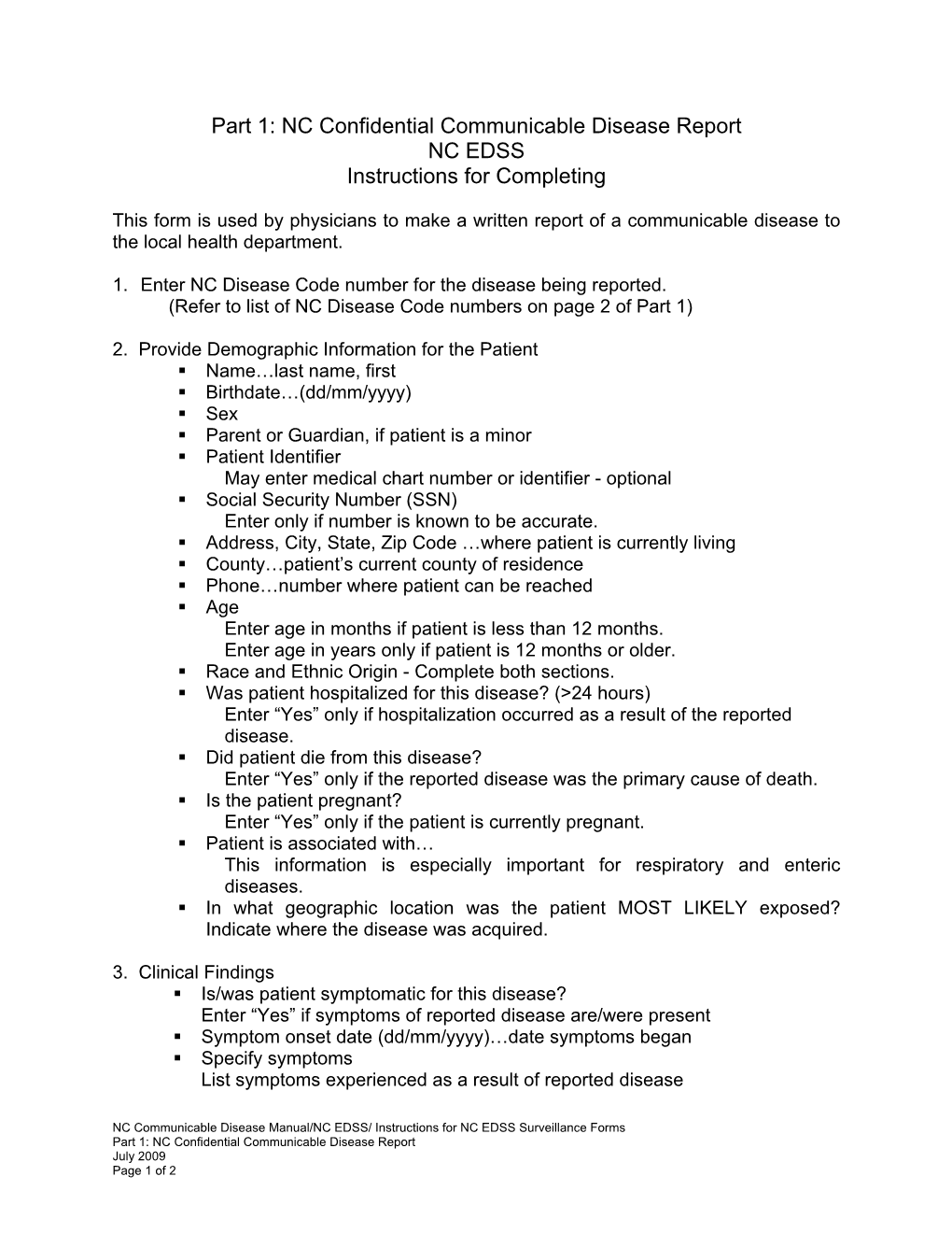 Part 1: NC Confidential Communicable Disease Report NC EDSS Instructions for Completing