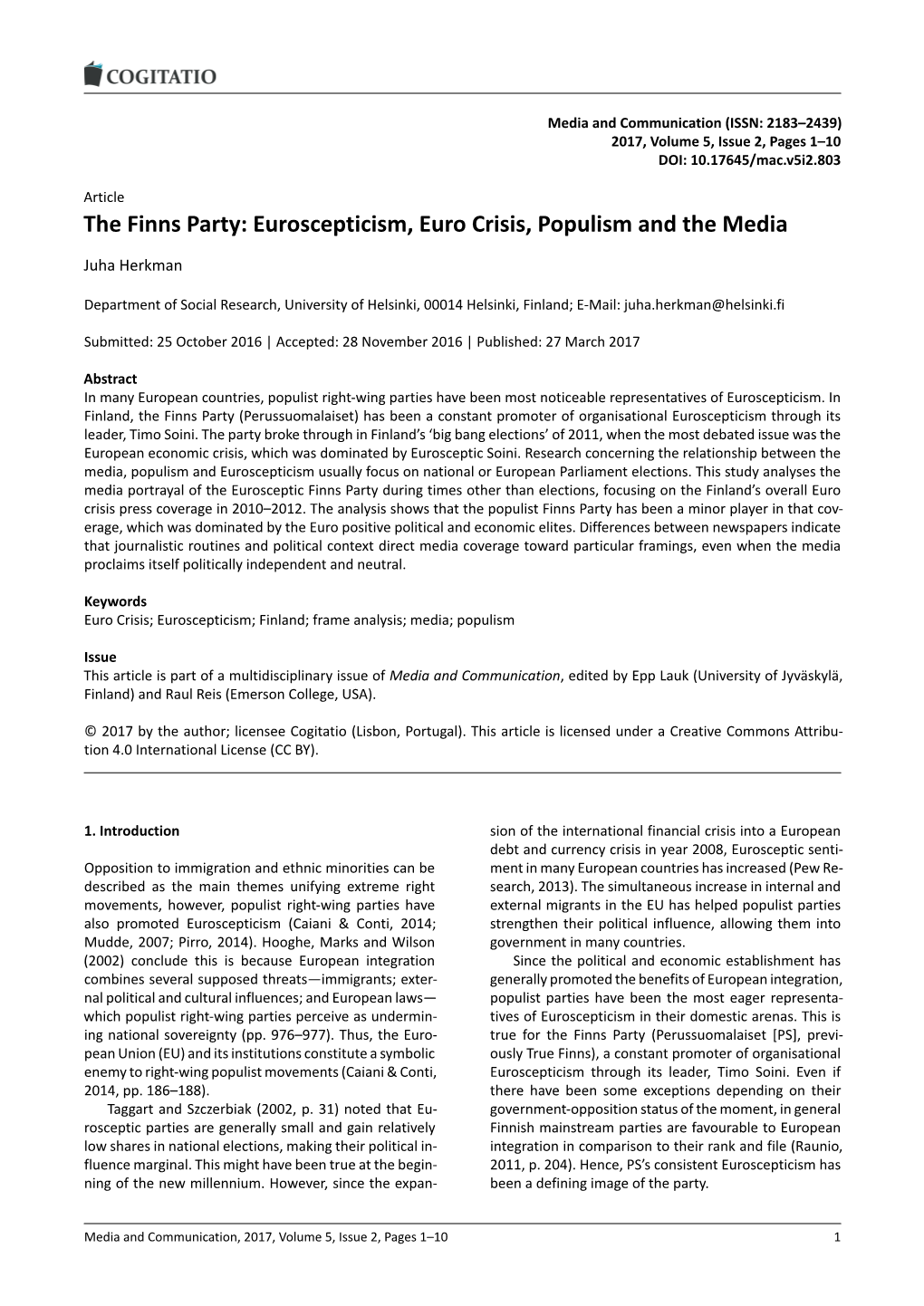 The Finns Party: Euroscepticism, Euro Crisis, Populism and the Media