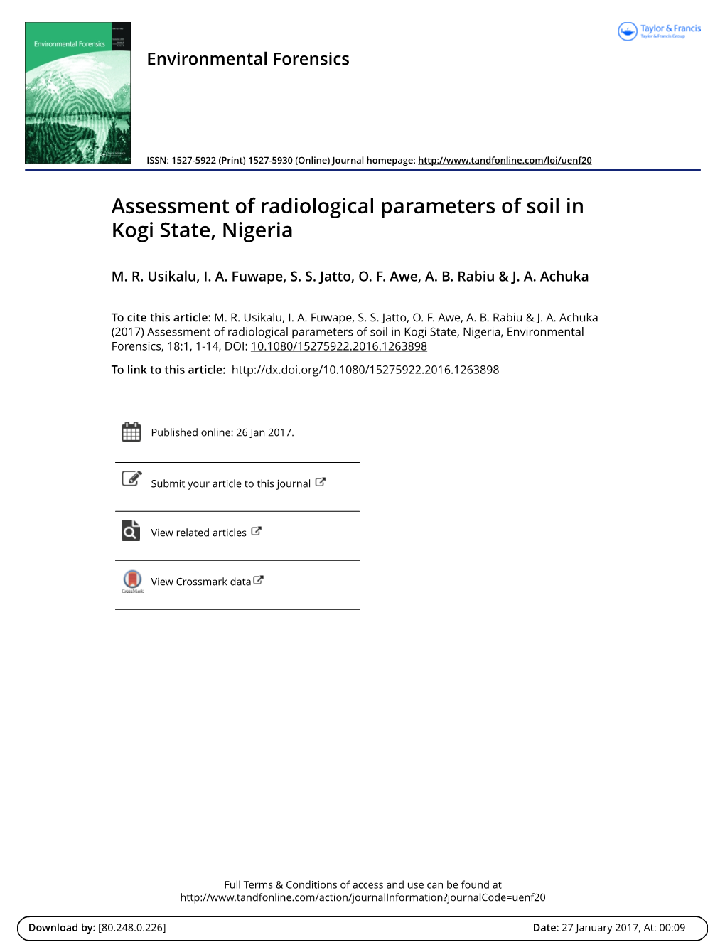 Assessment of Radiological Parameters of Soil in Kogi State, Nigeria