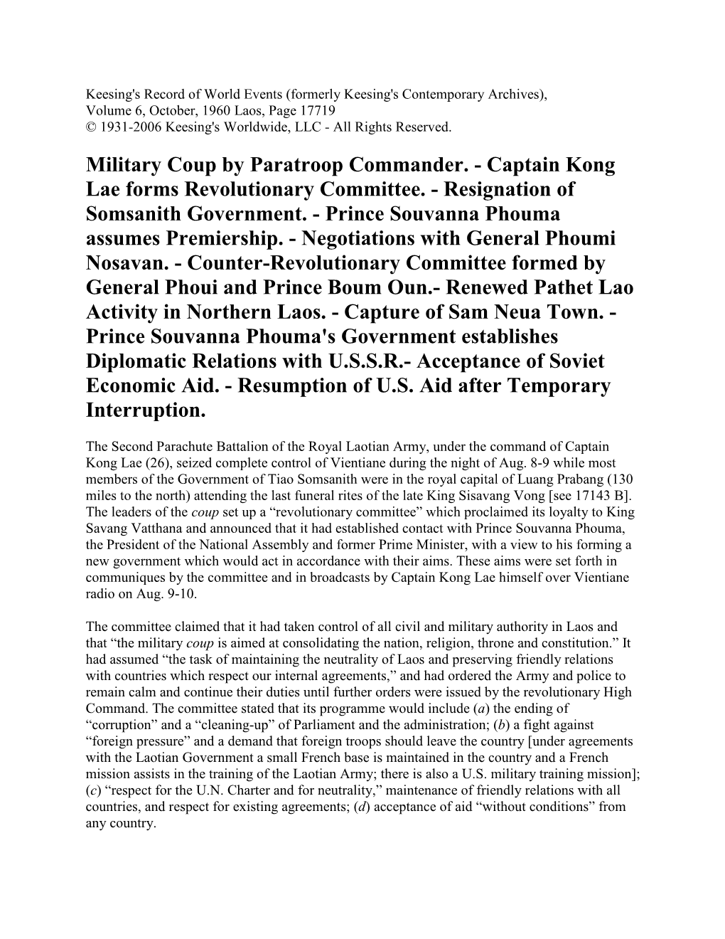 Military Coup by Paratroop Commander. - Captain Kong Lae Forms Revolutionary Committee