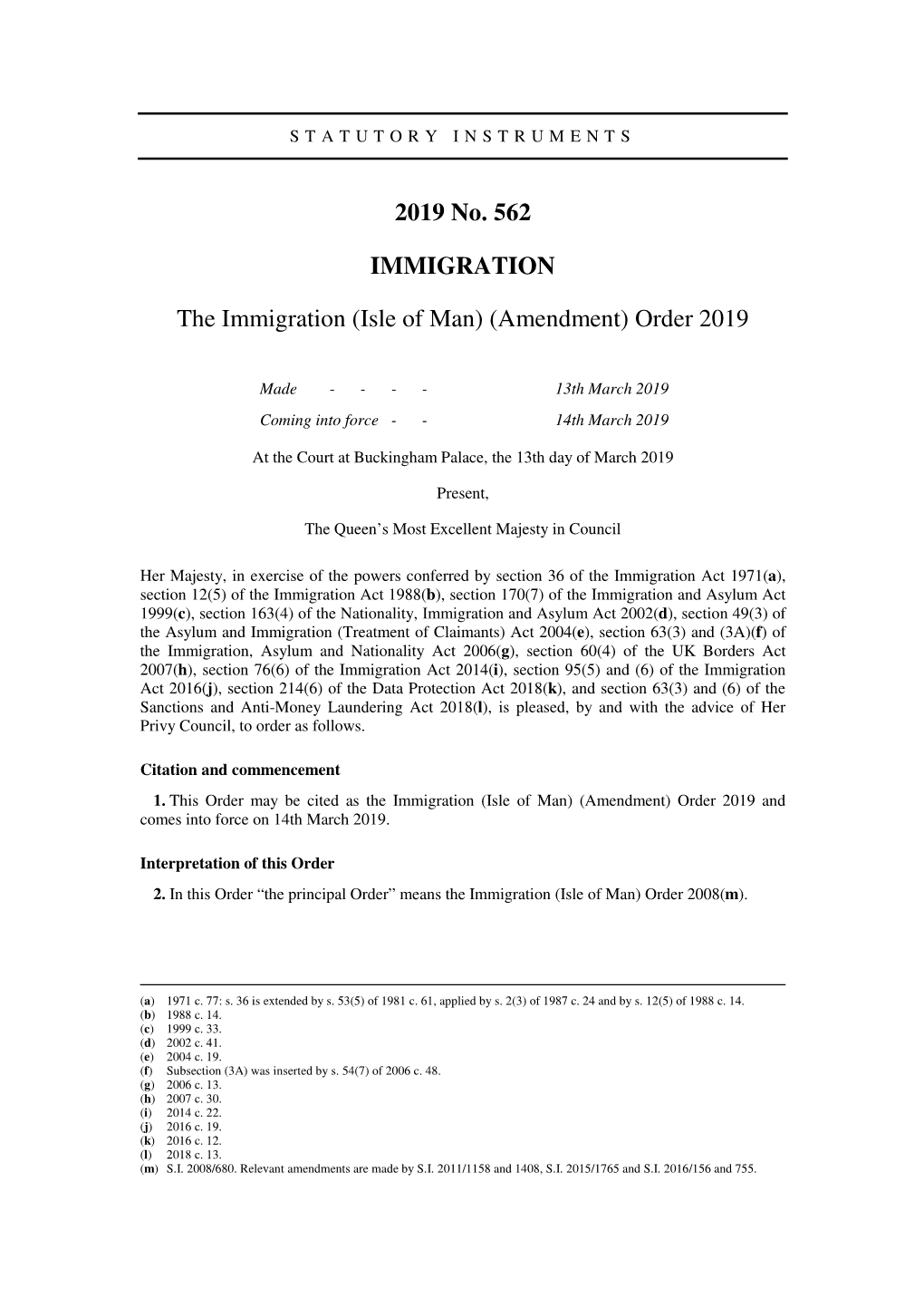 The Immigration (Isle of Man) (Amendment) Order 2019