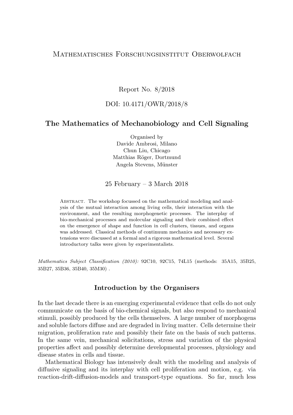 Mathematisches Forschungsinstitut Oberwolfach the Mathematics Of