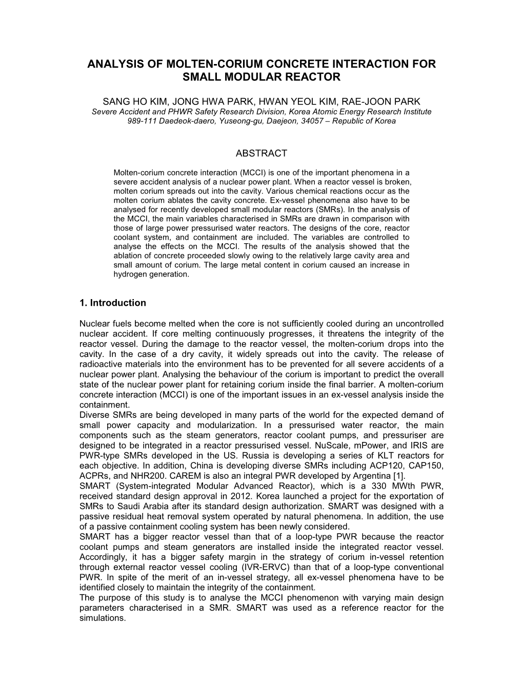 Analysis of Molten-Corium Concrete Interaction for Small Modular Reactor