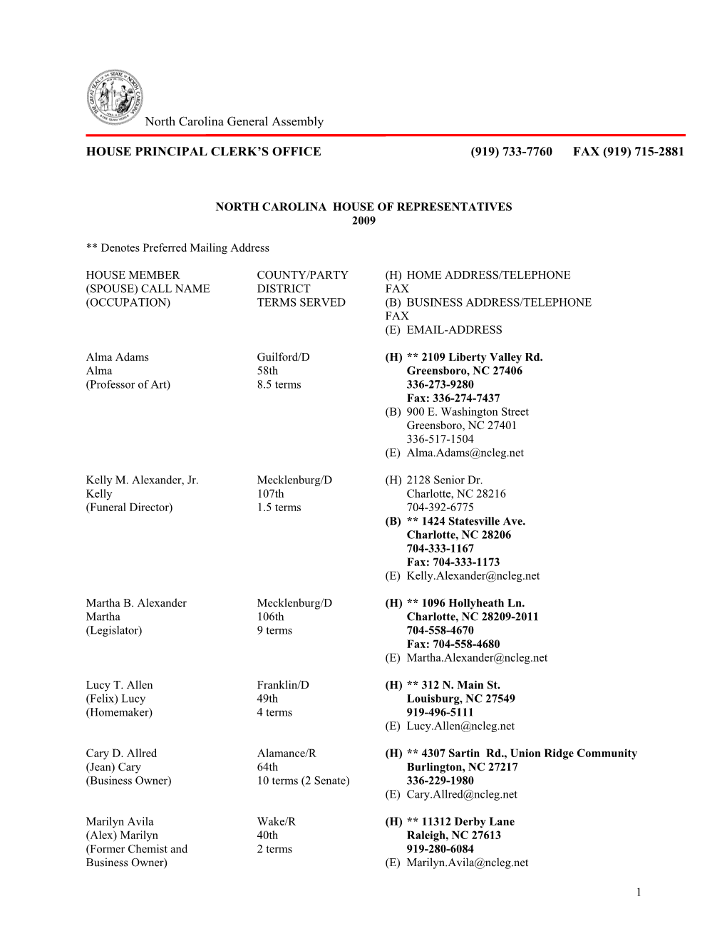 North Carolina House of Representatives 2009