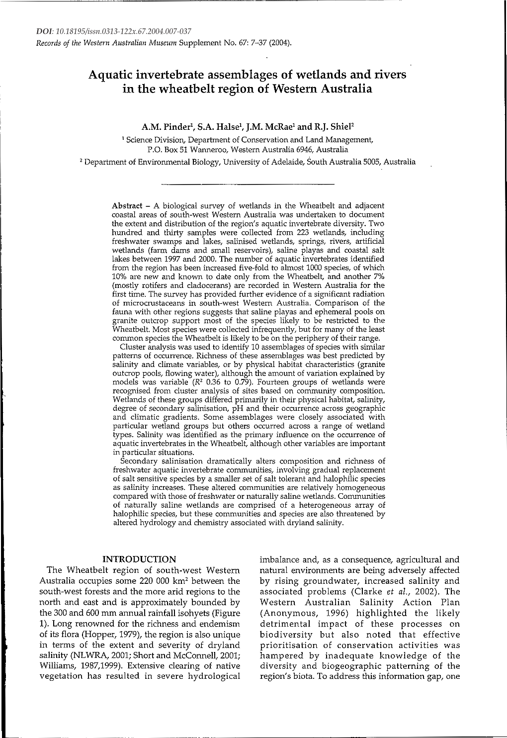 Aquatic Invertebrate Assemblages of Wetlands and Rivers in the Wheatbelt Region of Western Australia