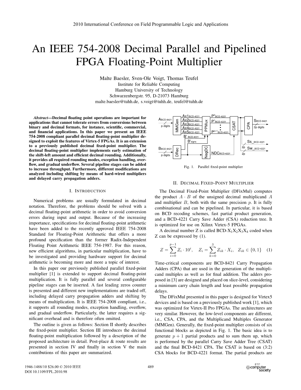 An IEEE 754-2008 Decimal Parallel and Pipelined FPGA Floating-Point Multiplier