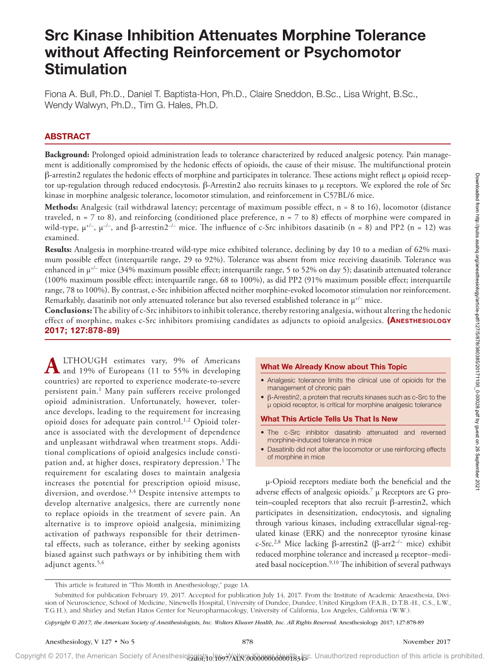 Src Kinase Inhibition Attenuates Morphine Tolerance Without Affecting Reinforcement Or Psychomotor Stimulation