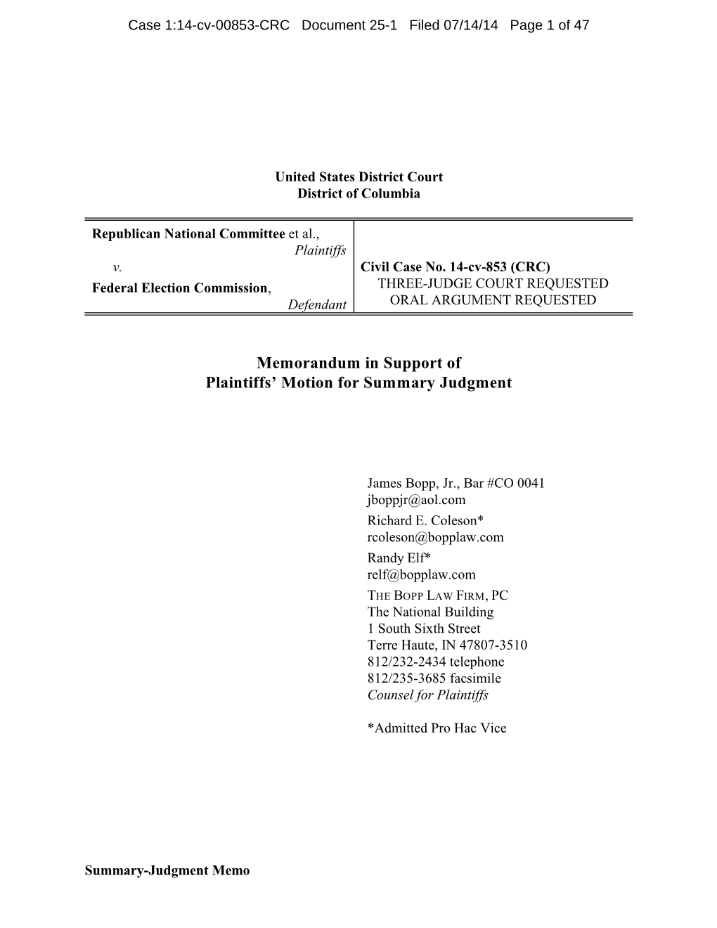 Memorandum in Support of Plaintiffs' Motion for Summary Judgment