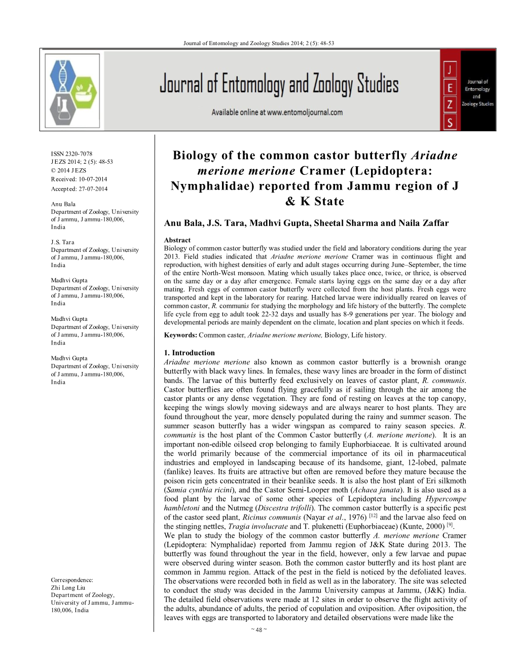 Biology of the Common Castor Butterfly Ariadne Merione Merione Cramer