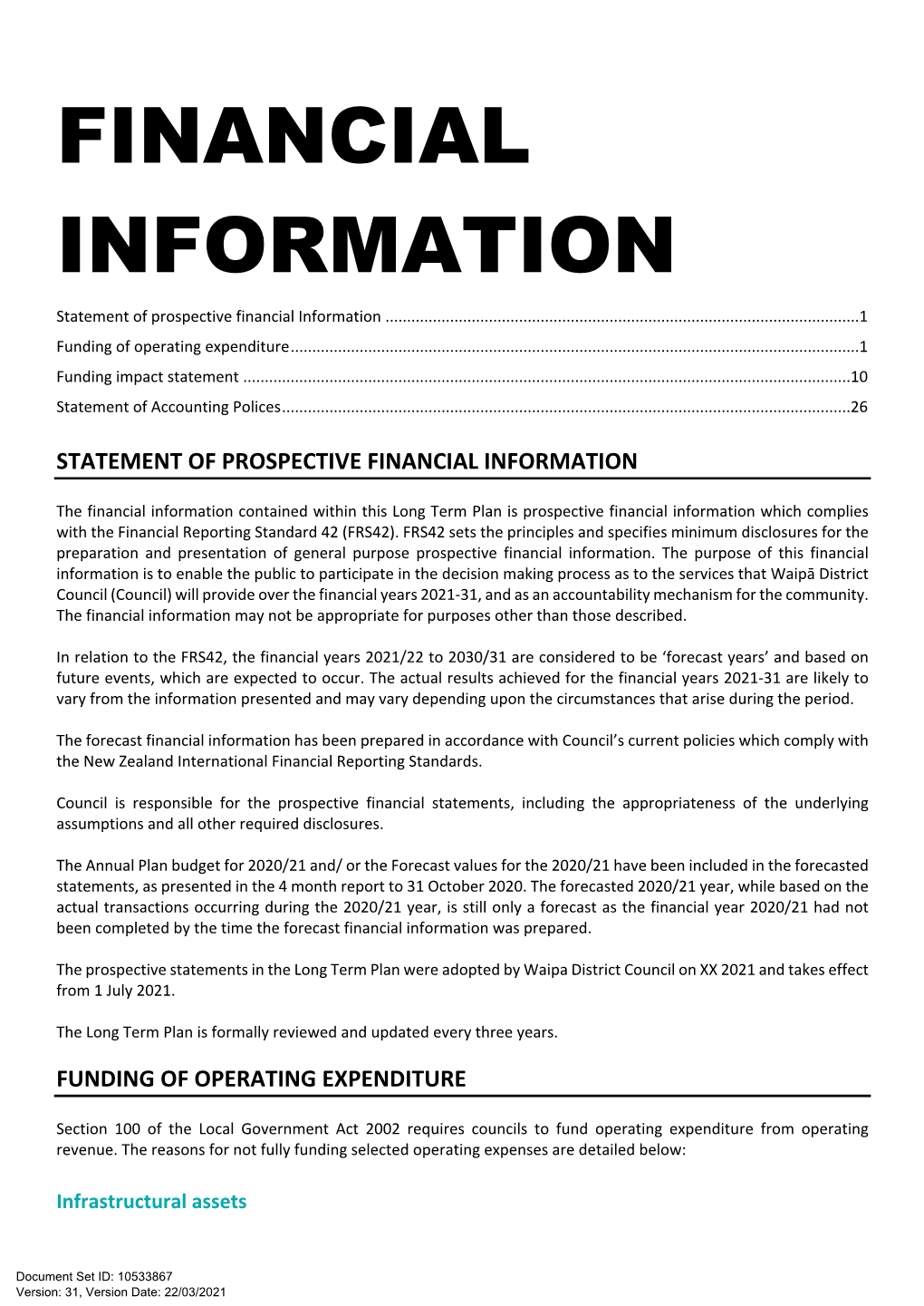 FINANCIAL INFORMATION Statement of Prospective Financial Information