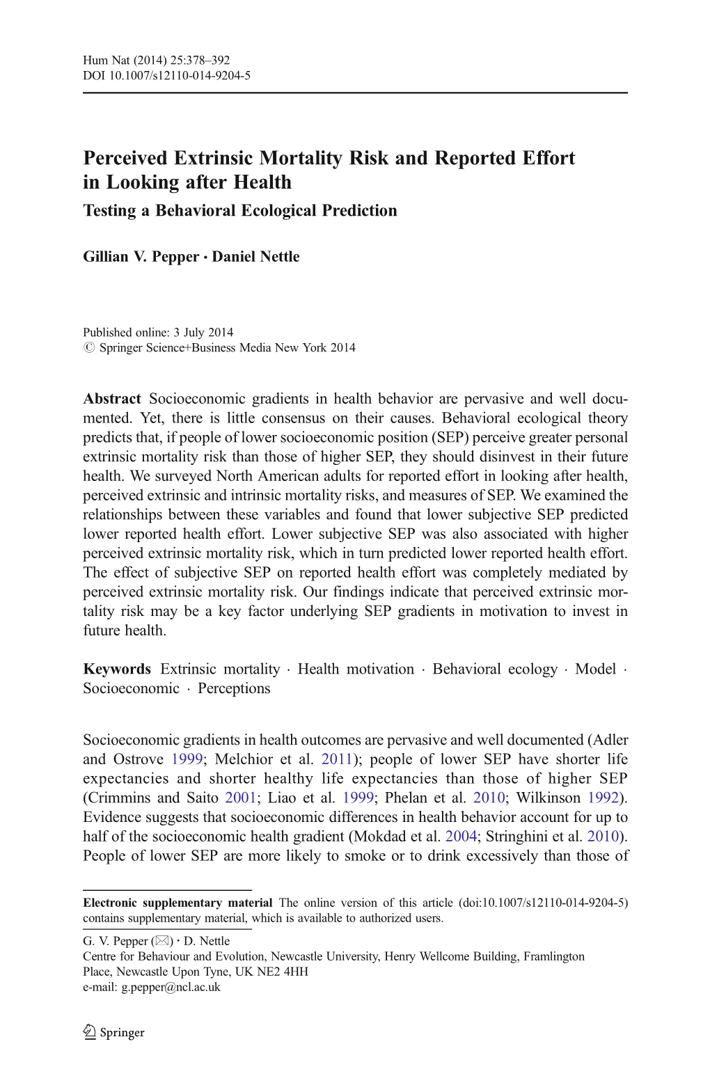 Perceived Extrinsic Mortality Risk and Reported Effort in Looking After Health Testing a Behavioral Ecological Prediction