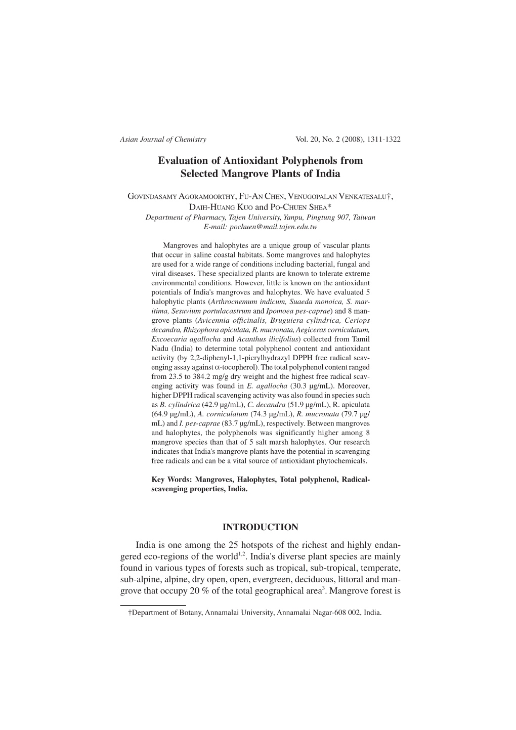 Evaluation of Antioxidant Polyphenols from Selected Mangrove Plants of India