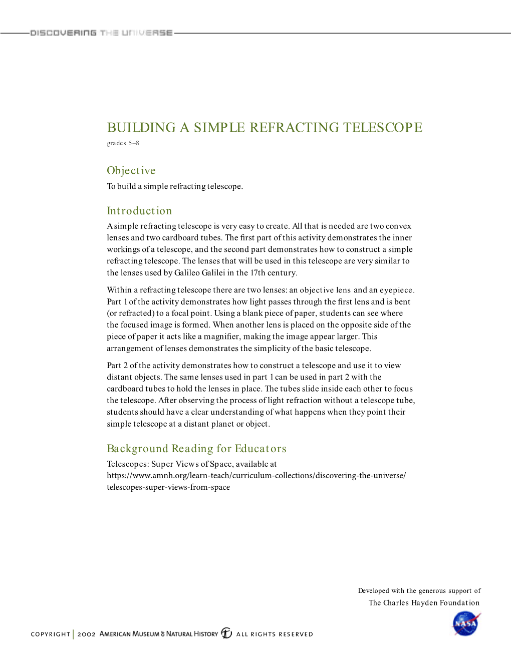 BUILDING a SIMPLE REFRACTING TELESCOPE Grades 5–8