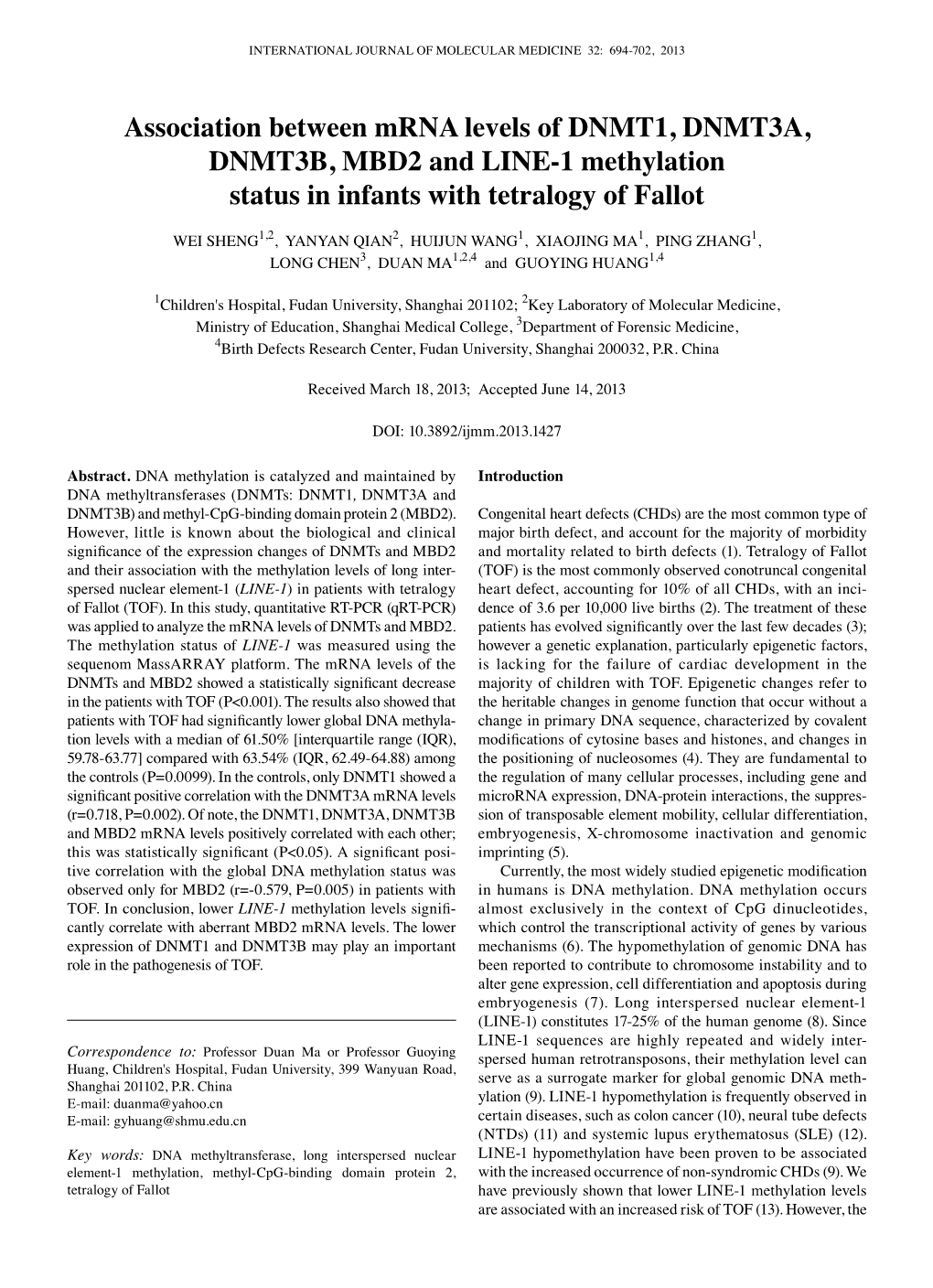 Association Between Mrna Levels of DNMT1, DNMT3A, DNMT3B, MBD2 and LINE-1 Methylation Status in Infants with Tetralogy of Fallot