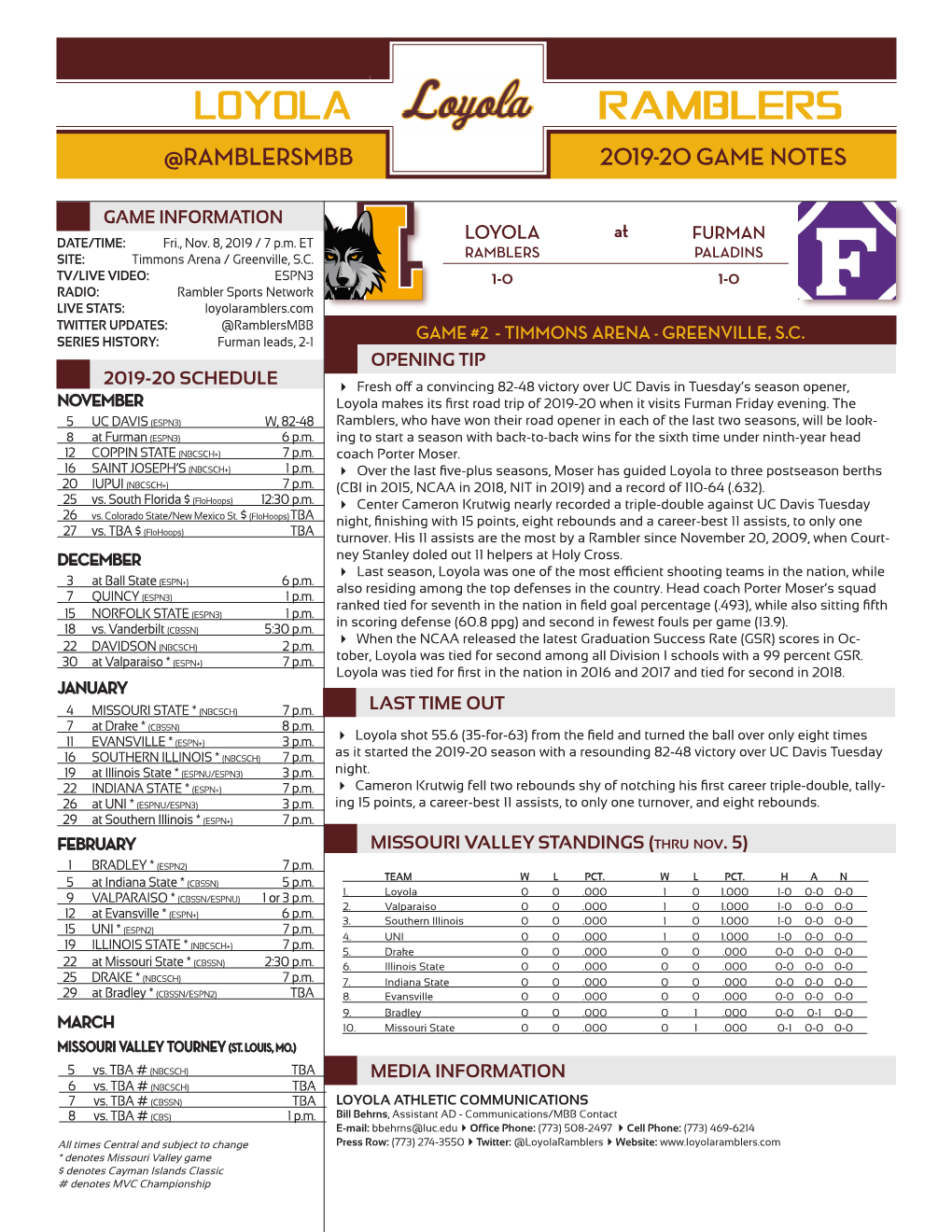 Loyola Ramblers @Ramblersmbb 2019-20 Game Notes