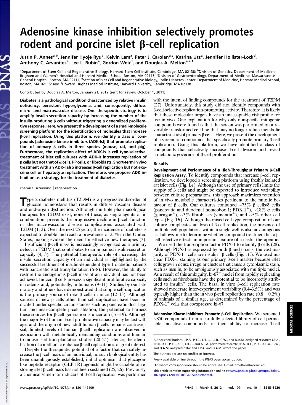 Adenosine Kinase Inhibition Selectively Promotes Rodent and Porcine Islet Β-Cell Replication