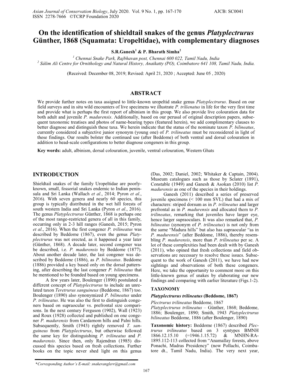 On the Identification of Shieldtail Snakes of the Genus Platyplectrurus Günther, 1868 (Squamata: Uropeltidae), with Complementary Diagnoses