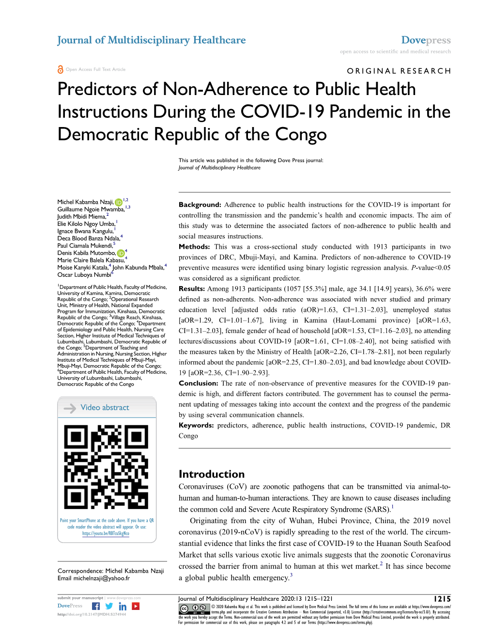 Predictors of Non-Adherence to Public Health Instructions During the COVID-19 Pandemic in the Democratic Republic of the Congo