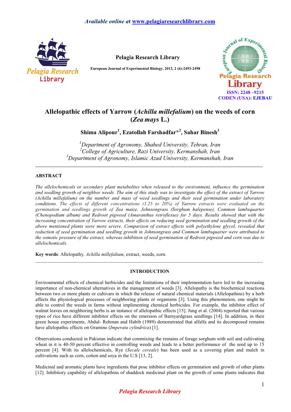 Allelopathic Effects of Yarrow (Achilla Millefalium) on the Weeds of Corn